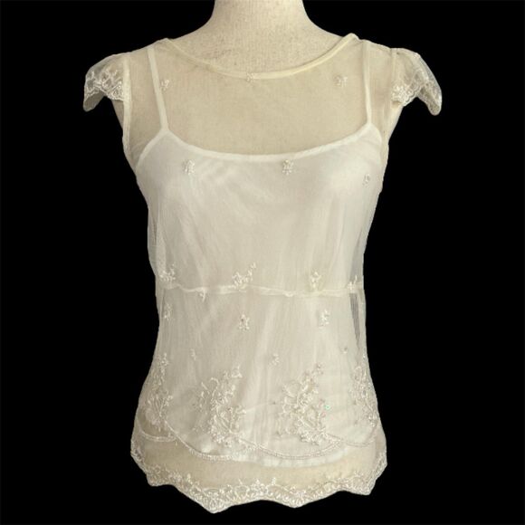 Forever 21 Sheer Vintage Y2K Top Size M Dainty Fairycore Floral Embroidered Mesh - Picture 2 of 14
